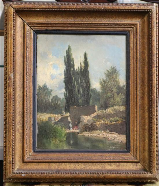 Italian School Landscape with figures beside a river 12 x 9in.